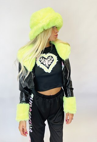 JUNGLECLUB FAUX FUR LIME GREEN BUCKET HAT