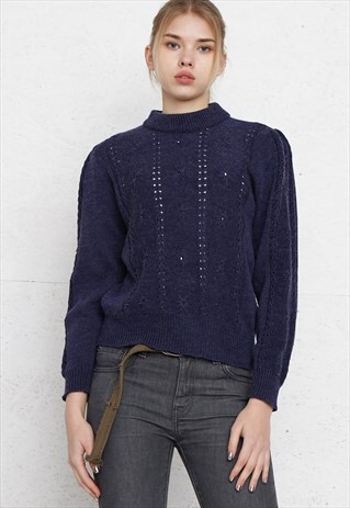 VINTAGE NAVY ROUND NECK KNIT JUMPER SWEATER