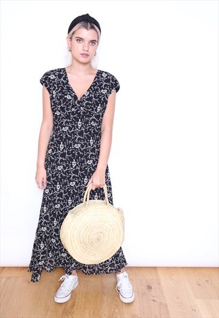 VINTAGE 90S BLACK FLORAL PRINT MIDI DRESS