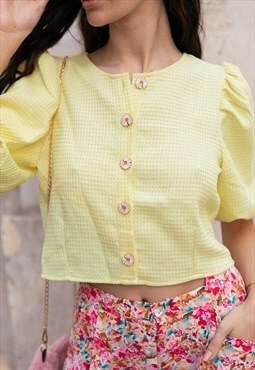 Yellow Daisy Button Front Short Sleeve Blouse