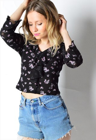 VINTAGE 90S BLACK PURPLE FLOWER TOP