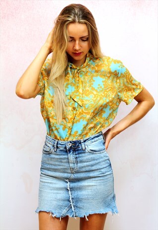 1970S VINTAGE YELLOW AND BLUE SHORT SLEEVE BLOUSE