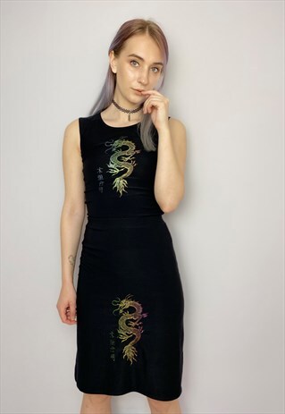 VINTAGE 90S BLACK DRAGON TWO PIECE OUTFIT MATCHING SETS