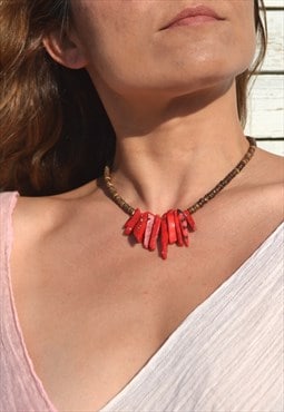 Handmade red corals/coconut beaded boho chic necklace.