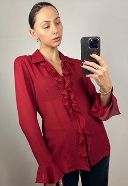 Semi Sheer red chiffon blouse with ruffles