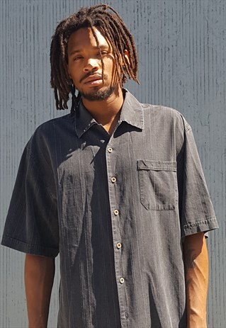 90S SKATER SURFER LUXURY WASHED BLACK STRIPE SILK SHIRT