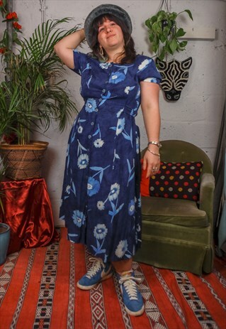 VINTAGE 90'S Y2K BLUE FLORAL MAXI MIDI DRESS