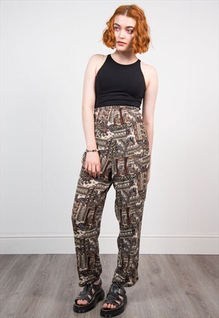 VINTAGE 90'S BROWN PAISLEY PATTERNED BOHO TROUSERS