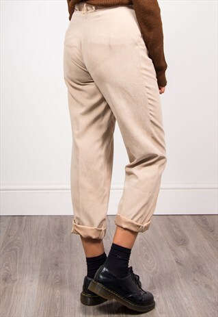 90'S VINTAGE TAPERED HIGH WAIST BEIGE FAUX SUEDE TROUSERS