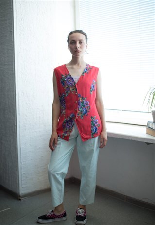 VINTAGE 90'S CORAL RED FLOWER PATTERNED SLEEVELESS TOP