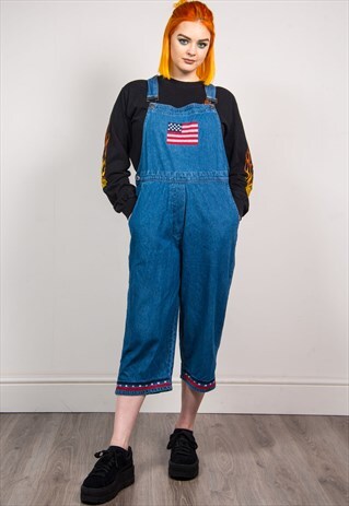 VINTAGE 90'S USA EMBROIDED FLAG BLUE DENIM CROPPED DUNAGREES