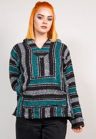 VINTAGE 90'S TURQUOISE STRIPE FESTIVAL BAJA HOODIE JUMPER