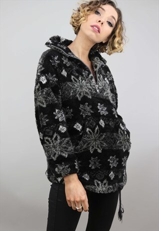 VINTAGE 90S OVERSIZED PATTERNED 1/4 ZIP TEDDY FLEECE JACKET