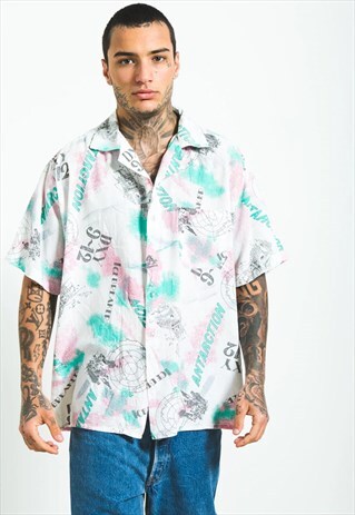 VINTAGE 80S CRAZY PRINT SHORT SLEEVES SHIRT / S5543