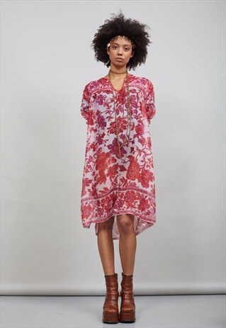 70'S CANDY RED AND BLUSH PINK FLORAL INDIAN BOHO DRESS