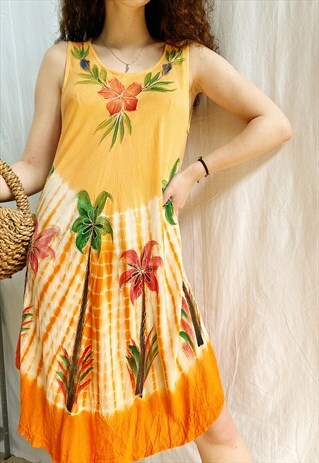 VINTAGE 90S NARANJA TIE-DYE BOHO FLORAL MIDI FESTIVAL DRESS