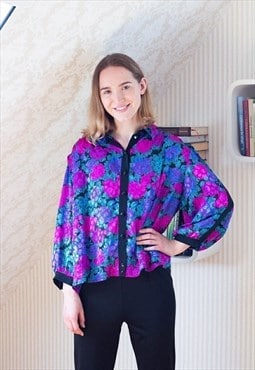 Bright floral long sleeve silky vintage blouse