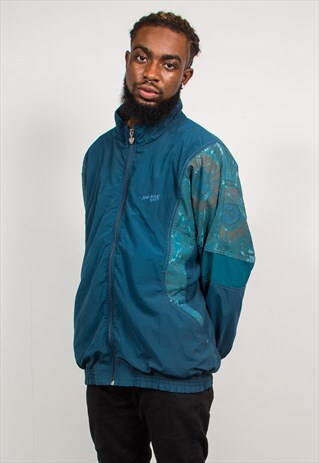 90'S RETRO TEAL GREEN PATTERNED PANEL TRACKSUIT JACKET