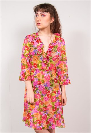 VINTAGE 70'S PINK FLORAL SHEER DRESS