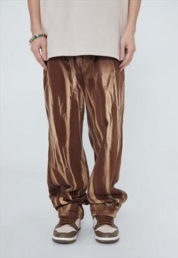 Tie-dye jeans loose fit washed out denim pants in brown