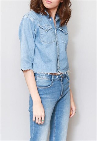 VINTAGE 1980'S BLUE LEE RAW EDGE CROP TOP