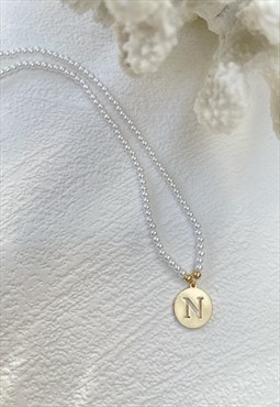 Gold Letter Faux Pearl Initial  N Charm Pendant  Necklace