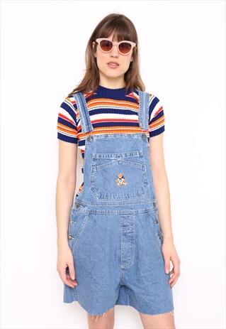 VINTAGE 90S EMBROIDERED TEDDY BLUE DENIM SHORT DUNGAREES
