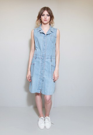 VINTAGE 1990'S LIGHT WASH BLUE DENIM MIDI BUTTON FRONT DRESS