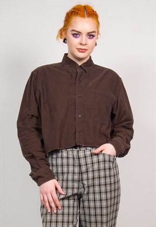 VINTAGE 90'S DARK BROWN CORD CROPPED LONG SLEEVE SHIRT