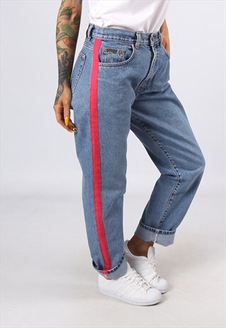 HIGH WAISTED SIDE STRIPE REWORKED JEANS TAPERED UK 12 (D31W)