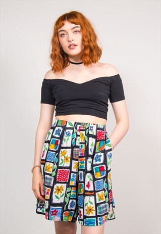 VINTAGE 90'S BRIGHT SQUARE FLORAL PATTERN CULOTTES SHORTS