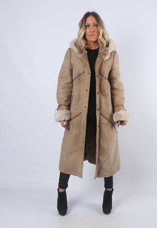 SHEEPSKIN SHEARLING SUEDE LONG COAT JACKET UK 14 HOODED F95X