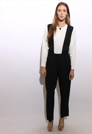VINTAGE 1980'S 80'S BLACK & WHITE JUMPSUIT BRACES L-XL