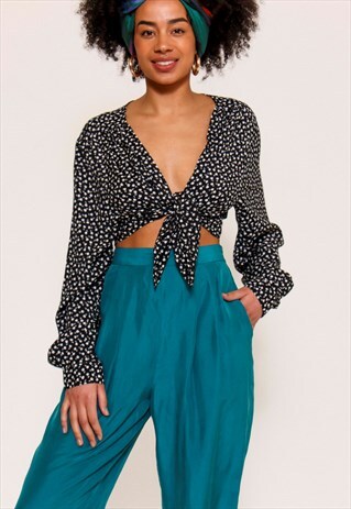 VINTAGE 90'S BLACK FLORAL PRINT TIE FRONT BLOUSE
