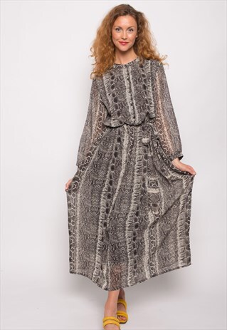 TRENDY GREY LEOPARD ANIMAL PRINT LONG SLEEVES MAXI DRESS
