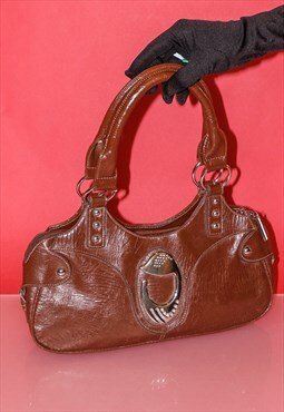 Vintage Y2K retro silver buckle top handle bag in cinnamon