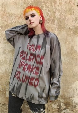 Silence slogan graffiti top tie-dye sweat thin jumper grey