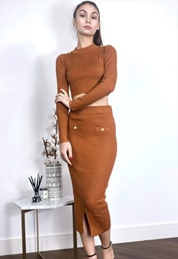 Long sleeves top with buttons design and midi skirt co-ords 