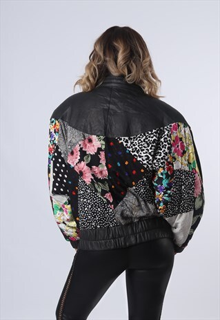 LEATHER BOMBER JACKET 90'S SHELL PATTERNED OVERSIZED (DK5C)