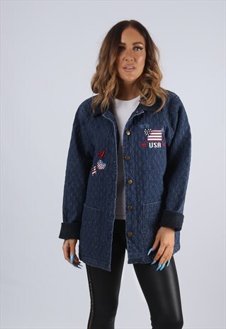 VINTAGE USA DENIM QUILT JACKET LONGLINE UK S 10 (J2V)