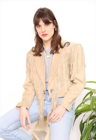VINTAGE 80S BROWN TASSEL FRINGE SUEDE LEATHER CROPPED JACKET