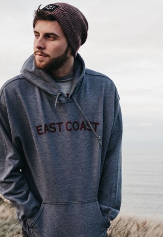 'EAST COAST' SLOGAN HOODIE IN HEATHER BLUE & BURGUNDY