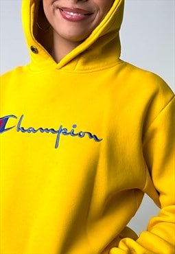 Yellow 00s Champion Embroidered Spellout Hoodie Sweatshirt