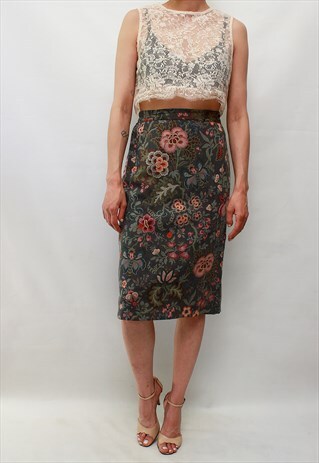 VINTAGE 90' UNIQUE ELEGANT GREEN FLOWER PENCIL SKIRT