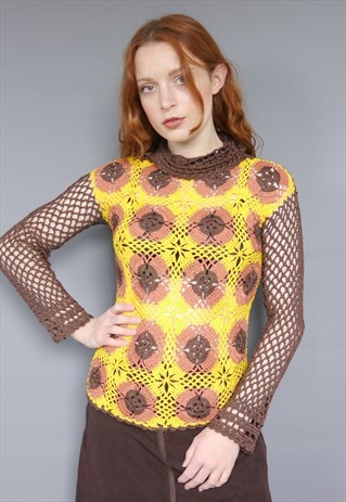 VINTAGE 90S BROWN YELLOW CROCHET POLO NECK JUMPER