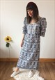 VINTAGE 70S DARK GREY BLUE & WHITE MAXI DRESS