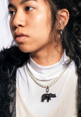 REWORKED VINTAGE NECKLACE W PLASTIC BEAR AND WHITE BEADS