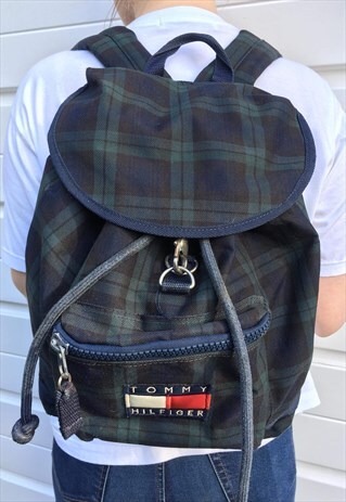 MENS VINTAGE TOMMY HILFIGER RUCKSACK GREEN BLUE CHECKED BAG