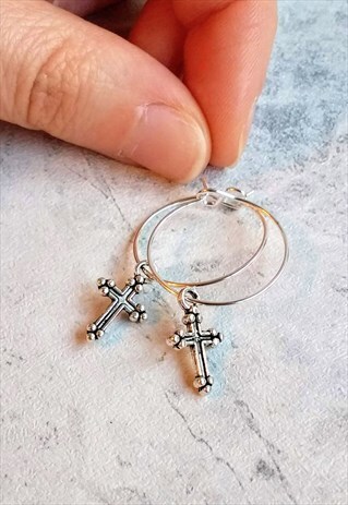 MINI CROSS HOOP EARRINGS