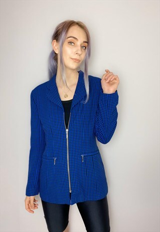 VINTAGE 90S DARK BLUE CHECKED BLACK ZIPPER FRONT BLAZER